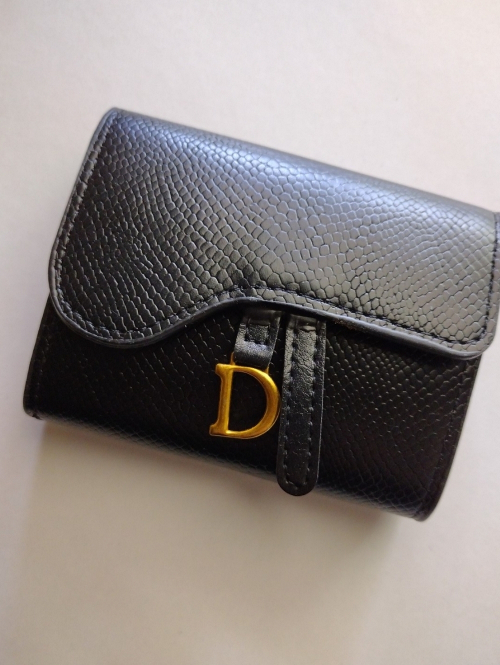 Black Textured Leather Wallet with Gold Accents